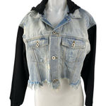 Dance & Marvel  Blue Black Hoodie Hooded Distressed Crop Denim Jean Jacket Size S Photo 0