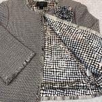 St. John  Knit Jacket Size 14 Black White Fringe Trim Flower Brooch Saks USA Photo 4