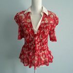 Maeve Red Floral Collared Smocked Blouse Size Medium Photo 1