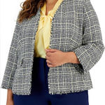 Kasper  Fringe Tweed Cardigan Jacket Size 18 Open Front Black Yellow White Career Photo 0