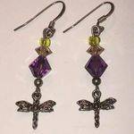 Silver Tone Dragonfly Dangle Earrings with Purple and Yellow Beads Photo 0