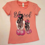 None Blessed Studded Bling Bling Top Short Sleeve Pink Mom Daughter Print New Photo 0