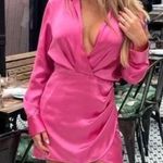 ZARA Mini Dress Valentine's Satin Ruched Bishop Sleeve Tulip Hem Hot Pink sz L Photo 3
