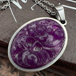 Vintage Purple Rose Pendant Necklace 60s Carved Resin Stainless Chain Photo 0
