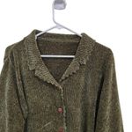 Green Chenille Scalloped Trim Collared Button Up Cardigan Sweater Y2K Large Photo 2