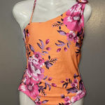 Becca One Piece Swimsuit Womens Medium Orange Floral One Shoulder Cutout Back Photo 0