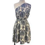 Cupshe  Asymmetrical One Shoulder Pleated Blue Damask and Cream Mini Dress Large Photo 3