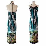 Heart soul Halter Maxi Dress Paisley Green Brown Wood Beads Neck Large EUC Photo 1