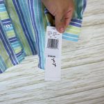 Foxcroft NWT  NYC Blue Green Vertical Striped Linen Button Down Shirt Photo 3