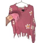 Just Polly Pink Daisy Flower Cropped Raw Hem Distressed Sweater Size Medium Photo 3