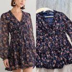 Francesca’s collection mi‎ ami navy floral tiered long sleeve mini dress Blue Size L Photo 1
