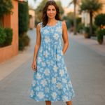 Koret Shirt Dress SZ MED Blue White Floral Smocking Sleeveless Boho Office Beach Photo 1