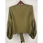 Lovestitch  Green Swiss Dot Boho Front Tie V-Neck Eyelet Long Sleeve Top Size M Photo 5