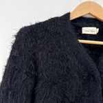 Line and Dot Fuzzy Knit Cropped Cardigan V Neck Button Up Sweater Black Small Photo 2