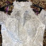 Forever yours White Lace Dress Pearl Details high choker neck cold shoulder Size 6 Photo 14