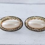 Vintage Clip On Earrings Oval Shaped Faux Pearl with Gold Tone Halo Photo 1