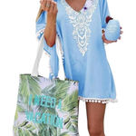 NWT Womens CPOKRTWSO Boutique Flowy Baby Blue Beach Swim Tassel Cover Photo 0