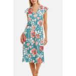 Adrianna Papell Dress Women Size 14 Blue Green Floral Flutter Sleeve V Neck Midi Photo 0