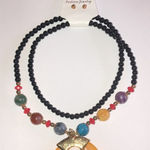 Black Glass Beaded Huge Yellow Pendant Boho Necklace Earrings Set Photo 5