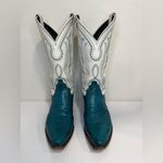 Justin Boots  Vintage White Teal Western Cowgirl Boots Lizard Stitch 6.5 RARE Photo 1