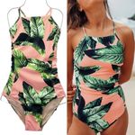 ALBION FIT Albion Waikiki One Piece Swimsuit Pink Green Leaf Print Lace Up Back Size Medium Photo 1