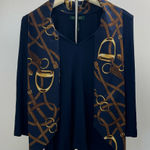 Ralph Lauren Lauren  Equestrian Bridle Print Scarf Blue Gold Top Petite Small Photo 0