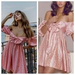 SAU LEE Arabella Mini Dress in Candy Pink Jacquard Floral Bow Puff Sleeve US 8 Photo 1