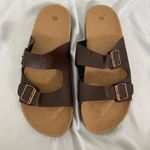 Boho Dark Brown Faux Leather Brassy Gold Buckle Sandals / Slides EU 44 US 13.5 Photo 0