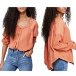 Free People  We The Free Coral Button Down Oversized Blouse Size M‎ Photo 5