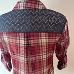 Xhilaration  Sheer Pink Plaid Rolled Tab Long Sleeve Button Down Collared Shirt Photo 4