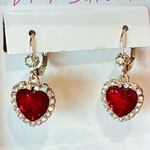 Betsey Johnson Heart Drop Rhinestone Earrings Red Gold Tone Photo 1