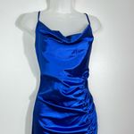 Liz & Sara Royal Blue Shiny Satin Ruched High Leg Slit Party Dress Large L Prom Photo 4