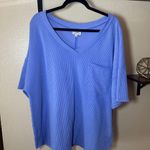Andree by Unit  Ribbed Blue V-Neck Blouse Photo 0