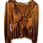 Pink Lily  Blouse Women's Small Copper/Orange V Neck Satin Ruffle Peplum Blouse Photo 0