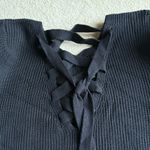 Loft  Black Ribbed Crew Neck Sweater with Lace Up Back Size L Photo 4