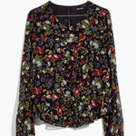Madewell Sheer-Sleeve Ruffle Peplum Top Blouse in Black Finch Floral Size Large Photo 0