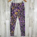 LuLaRoe  Leggings Womens One Size Small Black Purple Polyester Floral Soft Photo 3