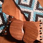 Southwestern Turquoise and White Seed Beaded Belt with Wooden Buckle Photo 7