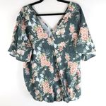 Bloomchic  Womens V-Neck Blouse Floral Short Sleeve Elastic Hem Green Pink 14-16 Photo 0
