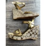 Coach Women’s Size 7 Wedge Sandals Peep For Patent Leather Navy Blue Khaki Cc Photo 1