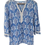J. McLaughlin J. McLauglin Top Blouse Size 12 Blue White Tapestry Costal Cotton Photo 0
