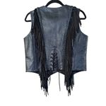 VTG FMC Black Leather Fringe Braided Lace Up Vest M Motorcycle Biker Western Size M Photo 1