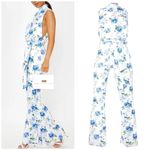 Pretty Little Thing PLT White Blue Floral Scuba High Neck Tie Waist Jumpsuit Women’s Size 12 Photo 2