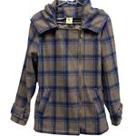 V Los Angeles Wool Blue Gray Plaid Zip Pea Coat Jacket Hooded Double Breasted L Size L Photo 1
