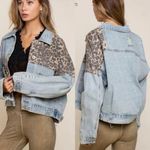 POL Off Duty Blue Light Wash Animal Print Patchwork Distressed Denim Jacket 2XL Photo 0