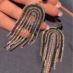 Rhinestone Drop Tassel Earrings Black Silver Party Summer Vacation Photo 2