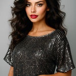 New Trends Vintage Sequin Blouse Medium Black Silver Beaded Glam Party Chic Top Photo 1