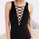 Urban Outfitters Glamorous Black Suede Lace Up V-Neck Bodysuit Photo 0
