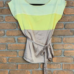 New York & Company Satin Colorblock Striped Short Sleeve Blouse Yellow Tan Photo 0