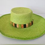 Artesano Mykonos Hat Green Yellow Straw Boater Beads Wide Brim Straw Hat Photo 6